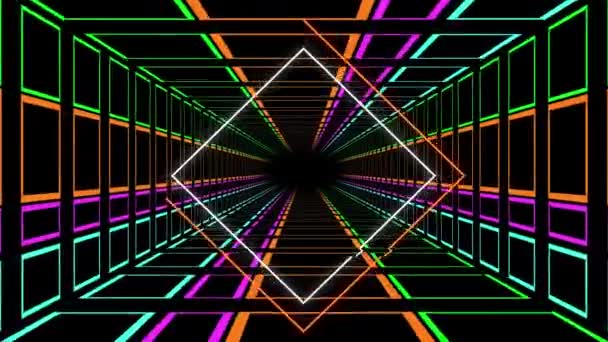 Animation d'un tunnel rectangulaire éclairé au néon se dirigeant vers un point de fuite noir central, avec des contours en diamant orange et blanc au premier plan 