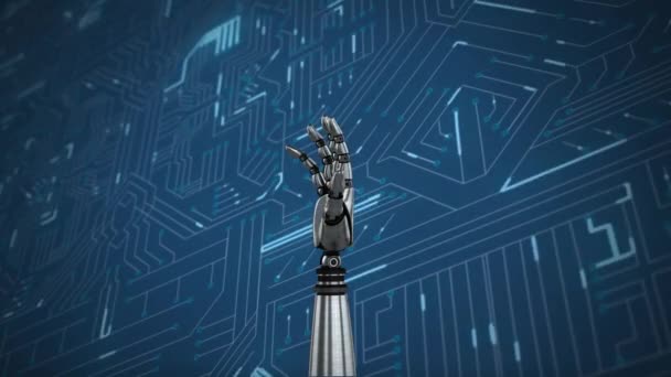 Анимация Металлического Робота Вращающегося Сжимающего Кулак Компьютерной Плате Светящегося Световыми — стоковое видео