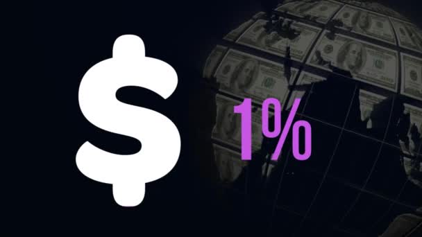 ドル記号のアニメーションとパーセントは ドル紙幣の回転グローブと黒の背景に紫色で塗りつぶし0から59に増加 — ストック動画