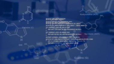 Ön planda beyaz veri ve kimyasal bileşiklerin yapısal formülü ile laboratuvar ekipmanlarıanimasyon
