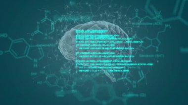 3d dönen beyin ve yeşil veri animasyonu ve koyu yeşil arka plan üzerinde kimyasal bileşiklerin yapısal formülü