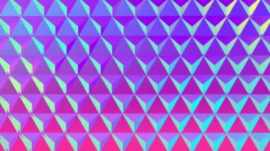 Degrade mavi ve pembe arka plan üzerinde dalgalar halinde renk değiştiren metalik üçgenleri yansıtan bir ızgaranın animasyonu