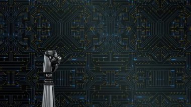 Metal robot el tornalama ve siyah bir arka plan üzerinde mavi ışık izleri ile parlayan, bir bilgisayar devre kartı üzerinde yumruk amca animasyon
