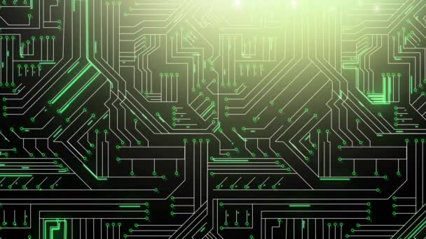 濃い緑色の背景を通って移動する緑色の光の軌跡を持つコンピュータ回路基板のアニメーション — ストック動画