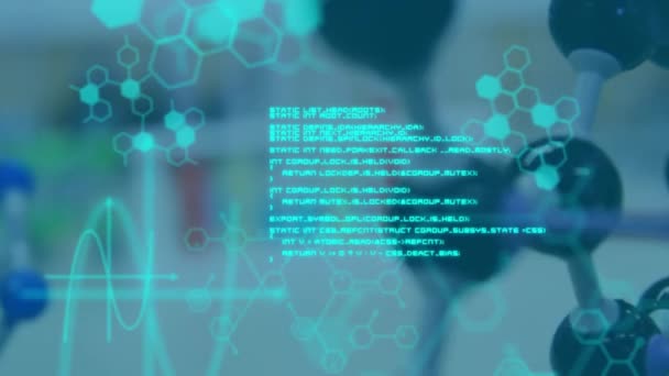 animation of test tubes and 3d chemical compounds in a laboratory with blue data and hexagons in the foreground animation tubes