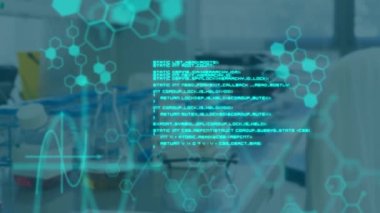 Ön planda yeşil veri ve altıgen diyagramları ile bir laboratuvar animasyonu