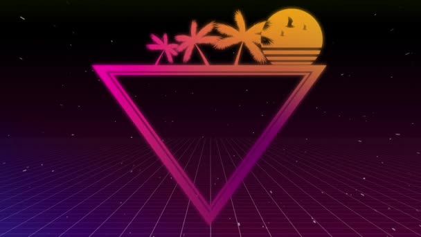 Анімація Рожево Помаранчевого Трикутника Пальмами Сонячним Промінням Зверху Рухомій Фіолетовій — стокове відео
