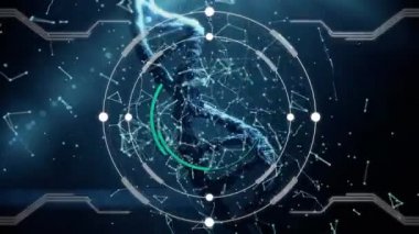 3d Dna iplikçiklerinin ve dönen halkaların, etrafında ki devre kartı elemanları ve koyu mavi arka planda görünen moleküler şekillerin animasyonu