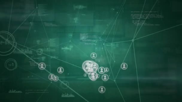 Animación Iconos Personas Movimiento Con Líneas Interconexión Rejilla Fondo Verde — Vídeo de stock