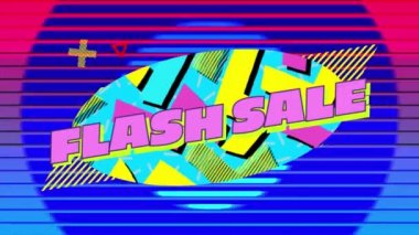 Sarı ve pembe şekiller ve grafik öğeleri ile mavi bir oval üzerinde pembe harflerle kelime Flash Sale animasyon, mor arka plan üzerinde renkli çizgili daireler hareketli