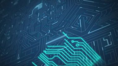 Işık izleri ile bir bilgisayar devre kartı animasyon u içinden hareket eden ve koyu mavi arka plan üzerinde yakınlaştırma