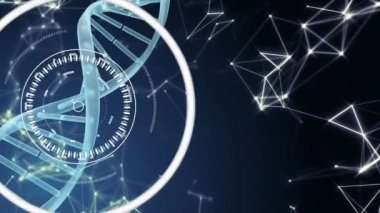 Koyu mavi arka planda etrafında görünen dönen halkalar ve şekiller ile bir dönüm 3d Dna iplikçik animasyonu