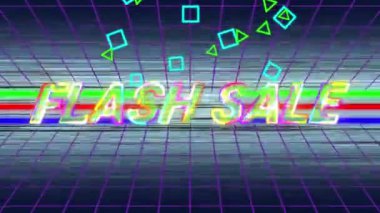 Hızlı hareket eden renkli şekil ve çizgiler ile bir ızgara ve gri arka plan üzerinde renkli elektrikli harflerle Flash Sale kelimelerin animasyonu