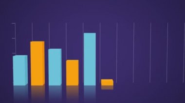 Koyu mor bir arka plan üzerinde, bir yansıma ile, bir 3b blok grafikte bir ızgara karşı farklı düzeylere yükselen on iki alternatif turuncu ve mavi blokların animasyonu
