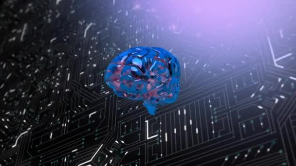 光る青い3D脳回転のアニメーションと バックグラウンドでそれを通過する光の軌跡を持つコンピュータ回路基板 — ストック動画