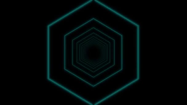 Animation de contours bleus lumineux de formes hexagonales concentriques émanant du centre, agrandissant et déformant avec des lignes et des formes diamantées interagissant, sur fond noir 