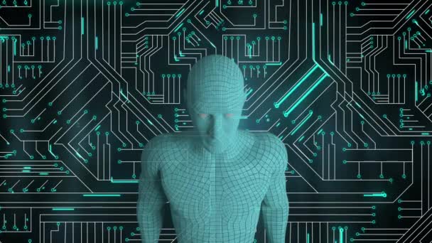 Animation d'un androïde métallique 3d contre une carte de circuit informatique avec des pistes de lumière verte se déplaçant à travers elle en arrière-plan 