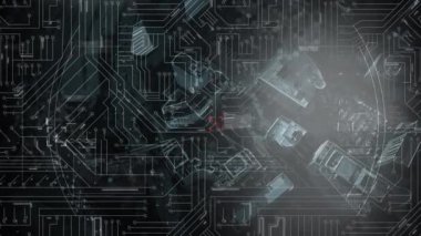 Siyah arka plan üzerinde hareket eden ışık izleri ile bir bilgisayar devre kartı üzerinde dönen halkalar animasyon