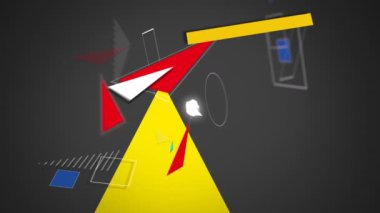 Renkli geometrik şekiller ve beyaz anahatlar sarı üçgen etrafında birleşen sonra sarı üçgen bırakarak kaybolur, parlayan beyaz açısal şekiller merkezi bir beyaz noktadan görünürken, koyu gri bir arka plan üzerinde