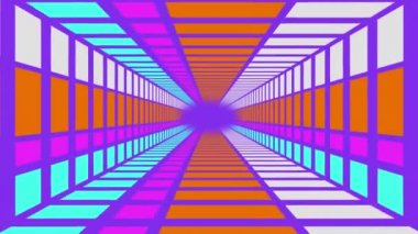 Turuncu, beyaz, pembe ve mavi panelli dikdörtgen mor tünelin animasyonu, merkezi bir mor ufuk noktasına doğru hareket