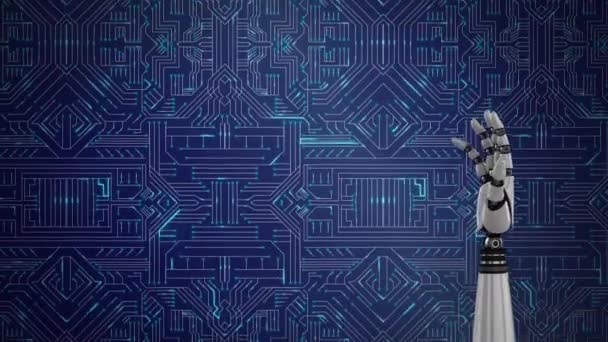 金属机器人手转动和紧握拳头在计算机电路板上的动画 在蓝色背景上发光 — 图库视频影像