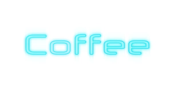 Animatie Van Het Woord Koffie Blauw Flikkerende Neon Een Witte — Stockvideo