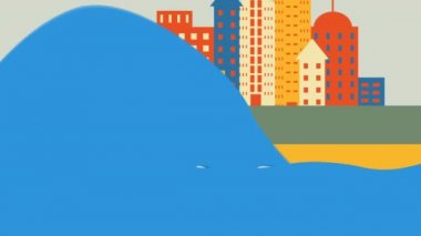 Ön planda büyük bir hareketli mavi dalga ile, bir sahil görünen renkli yüksek binalar ve trafik Animasyon