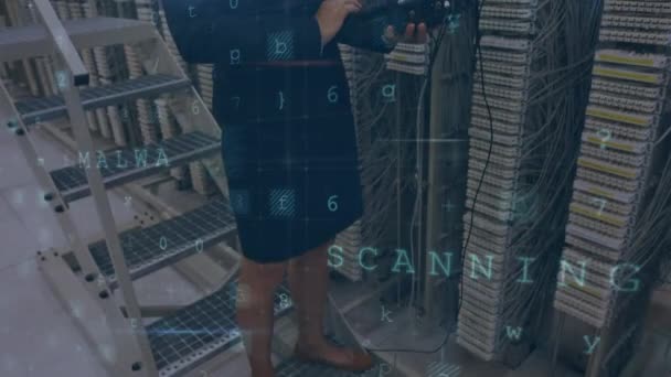 在计算机服务器室工作并使用平板电脑的高加索妇女的动画 前景中的数据安全警告消息 — 图库视频影像