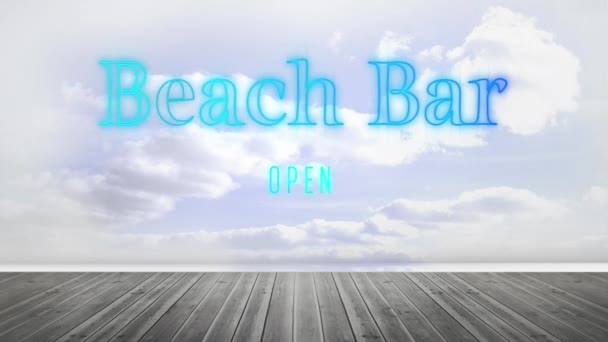 Animation Words Beach Bar Blue Flickering Neon Cloud Sky Wooden — стоковое видео