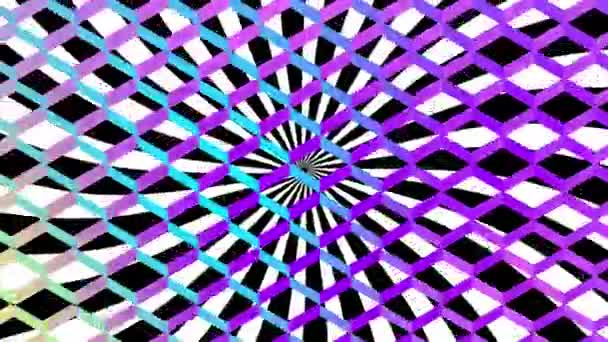 反射ダイヤモンド形メッシュのアニメーションは 背景に回転する黒と白の縞模様で 黄色から紫に色を変更します — ストック動画