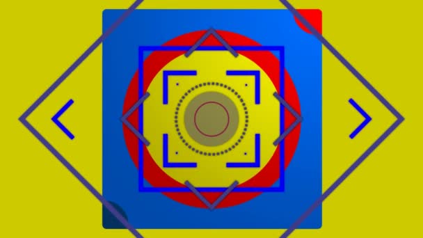 Animation Red Blue Lines Squares Circles Moving Central Axis Yellow — Stock Video