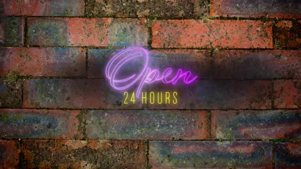 文字动画 在砖墙上用紫色和黄色闪烁的霓虹灯打开24小时 — 图库视频影像