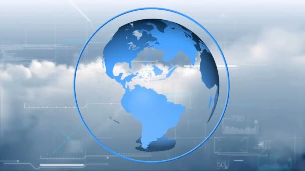 Animation générée numériquement du globe tournant avec des lignes numériques blanches et des graphiques avec fond du ciel avec nuages .