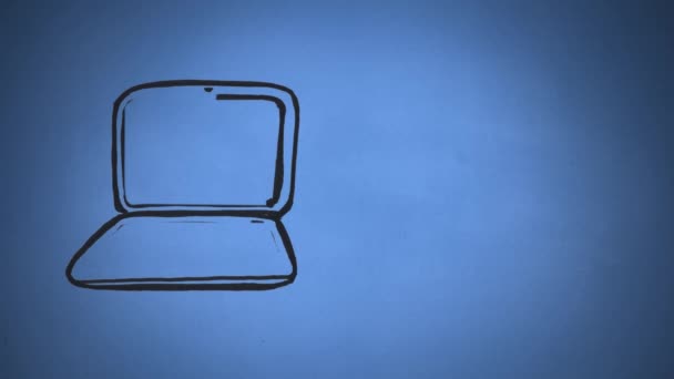 Digital Animation Drawing White Laptop Blue Background — Stock Video