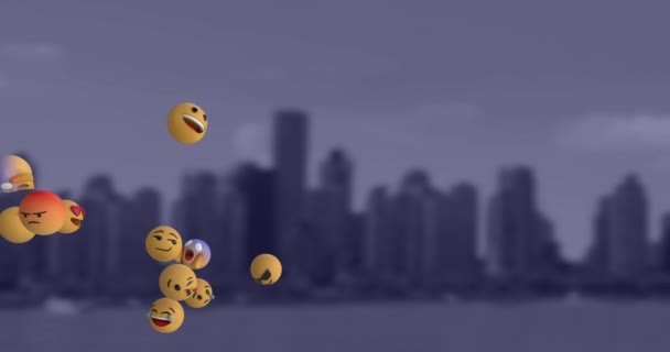 Animación Iconos Emoji Volando Izquierda Derecha Sobre Paisaje Urbano Fuera — Vídeos de Stock