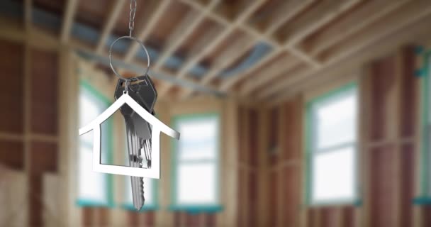 Animation Von Silbernen Hausschlüsseln Und Einem Schlüsselanhänger Hausform Der Inneren — Stockvideo