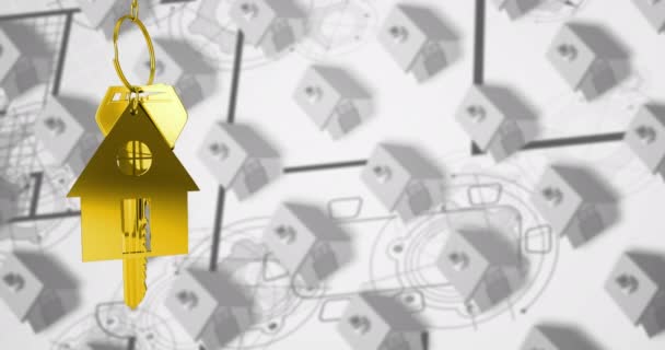 动画的金房子键和房子形状的关键钥匙扣挂在3D白宫模型在行4K — 图库视频影像