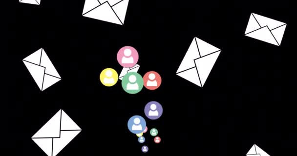 Animatie Van Envelop Iconen Vallen Terwijl Kleurrijke Persoon Iconen Verschijnen — Stockvideo