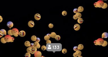 Bir kişi simgesi ve sayıları 4k kadar gidiyor bir konuşma balonu ile siyah bir arka plan üzerinde uçan emoji simgeleri bir grup animasyon