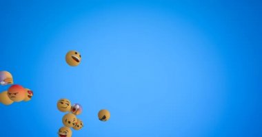Mavi arka plan 4k üzerinde soldan sağa uçan emoji simgeleri bir grup animasyon