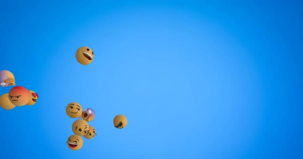 Mavi Arka Plan Üzerinde Soldan Sağa Uçan Emoji Simgeleri Bir — Stok video