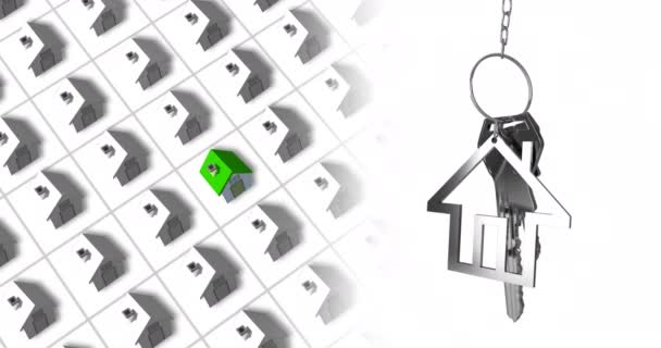 銀色の家のキーと家の形のキーフォブのアニメーションは 行に3Dホワイトハウスのモデルの上にぶら下がり そのうちの1つは緑の4K — ストック動画