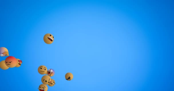 Анимация Группы Эмодзи Летящих Слева Направо Синем Фоне — стоковое видео