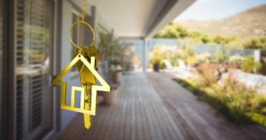 Altın ev anahtarları ve odak teras 4k dışında asılı ev şeklinde anahtarlık Animasyon