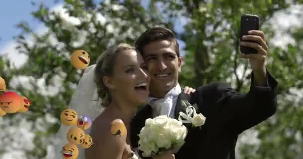 Animation Emoji Icons Flying Left Right Young Just Married Caucasian — Stock Video