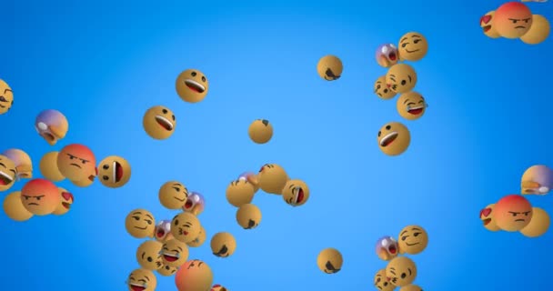 Mavi Arka Plan Üzerinde Uçan Emoji Simgeleri Bir Grup Animasyon — Stok video