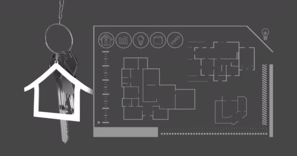 银色房子钥匙和房子形状的钥匙扣的动画挂在灰色背景4K上的房子的建筑图纸上 — 图库视频影像