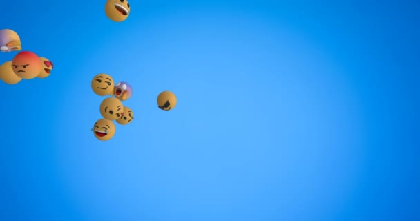 Анимация Группы Эмодзи Летящих Слева Направо Синем Фоне — стоковое видео