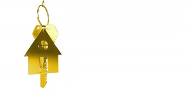 白い背景にぶら下がる金色の家の鍵と家の形のキーフォブのアニメーション — ストック動画