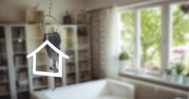 Animovaná Ukázka Klíčů Stříbrných Domů Tvarovaného Klíče Fob Zavěšená Obývacím — Stock video